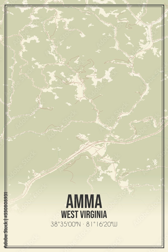 Retro US city map of Amma, West Virginia. Vintage street map. Stock