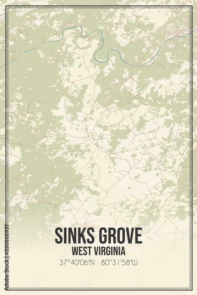 Retro US city map of Sinks Grove, West Virginia. Vintage street map.
