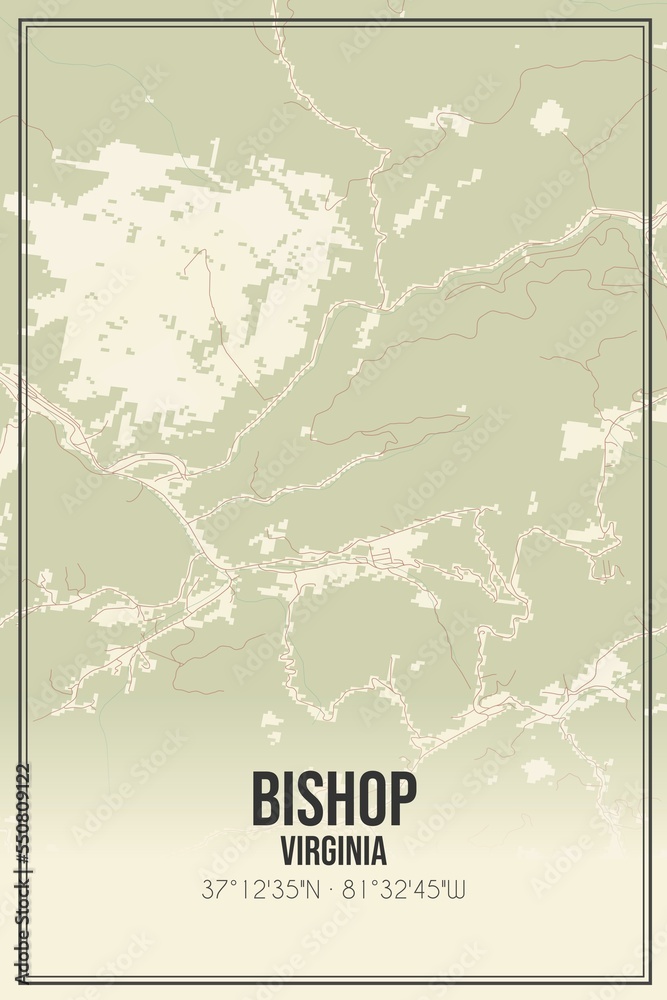 Retro US city map of Bishop, Virginia. Vintage street map.