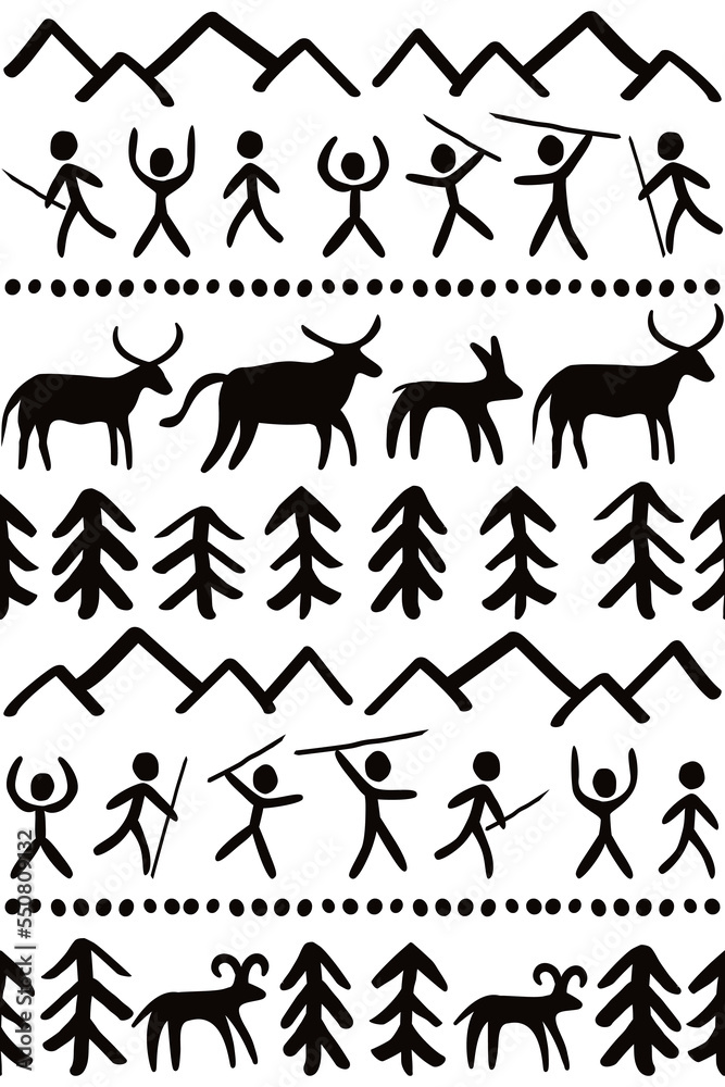 Fototapeta premium Prehostoric cave paintings art vector seamless pattern with people, animals, mountains and tress, primitive design inspired by stone drawings 