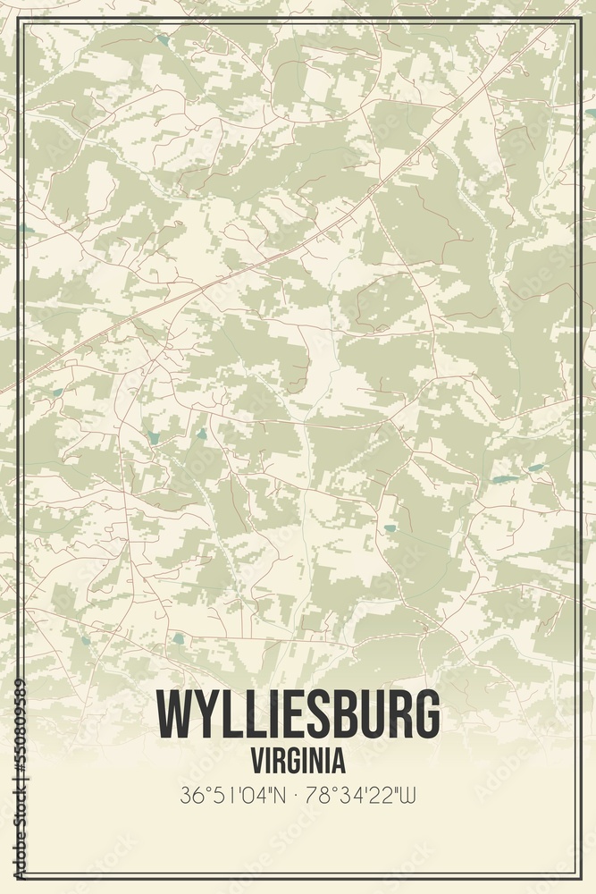 Retro US city map of Wylliesburg, Virginia. Vintage street map.