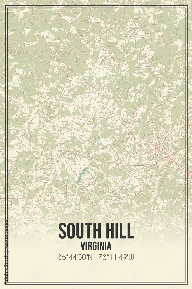 Retro US city map of South Hill, Virginia. Vintage street map.