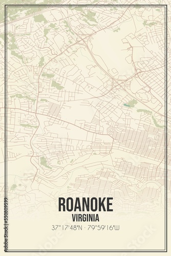 Retro US city map of Roanoke  Virginia. Vintage street map.