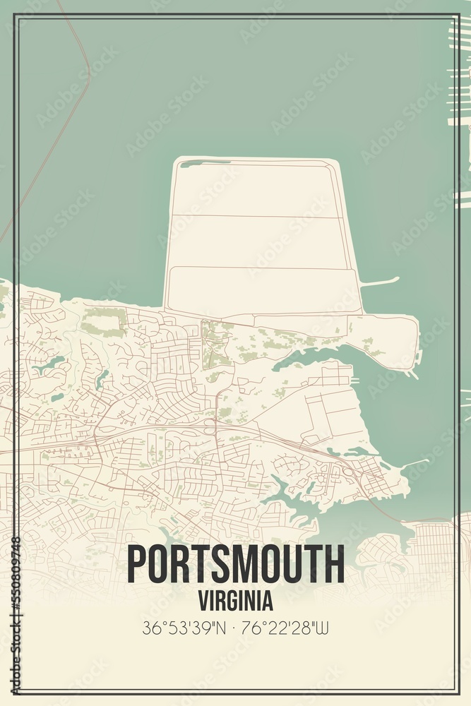 Obraz premium Retro US city map of Portsmouth, Virginia. Vintage street map.