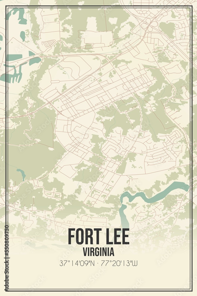 Retro US city map of Fort Lee, Virginia. Vintage street map.