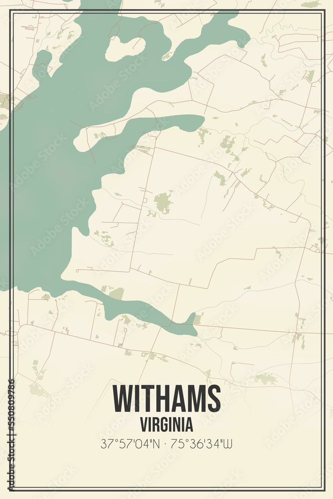 Retro US city map of Withams, Virginia. Vintage street map.