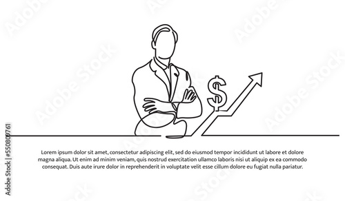 Simple continuous line design of a financially successful man. A reliable financial advisor. Decorative elements are drawn on white background.