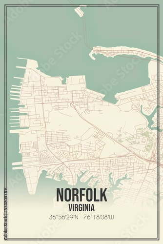 Retro US city map of Norfolk, Virginia. Vintage street map.