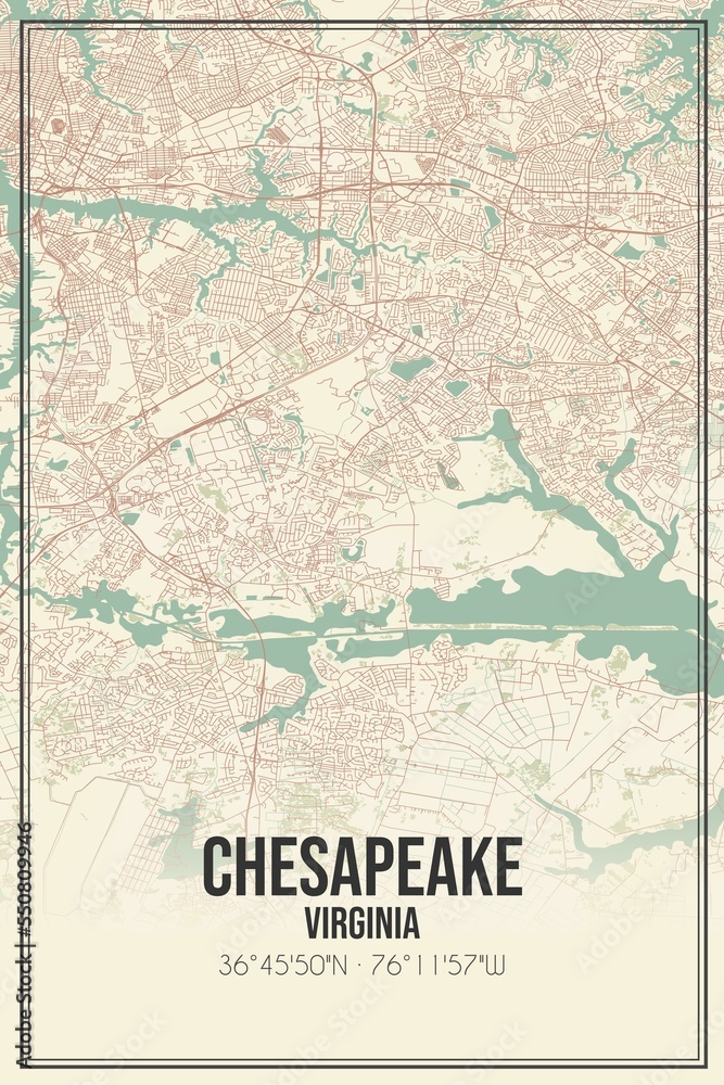 Retro US city map of Chesapeake, Virginia. Vintage street map.
