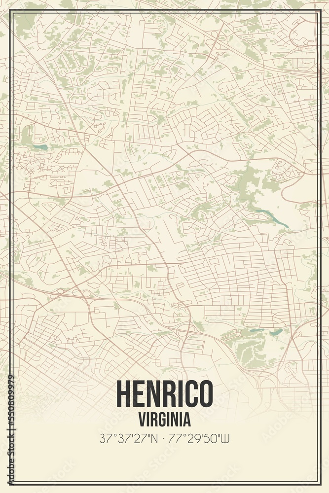 Retro US city map of Henrico, Virginia. Vintage street map.