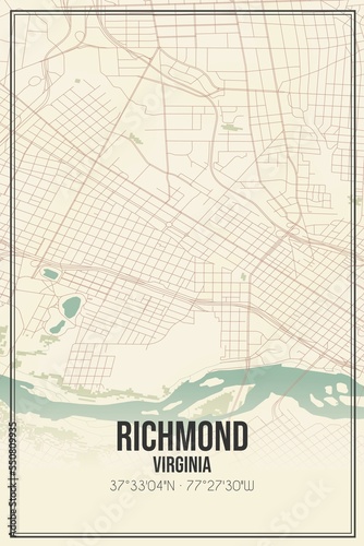 Retro US city map of Richmond  Virginia. Vintage street map.