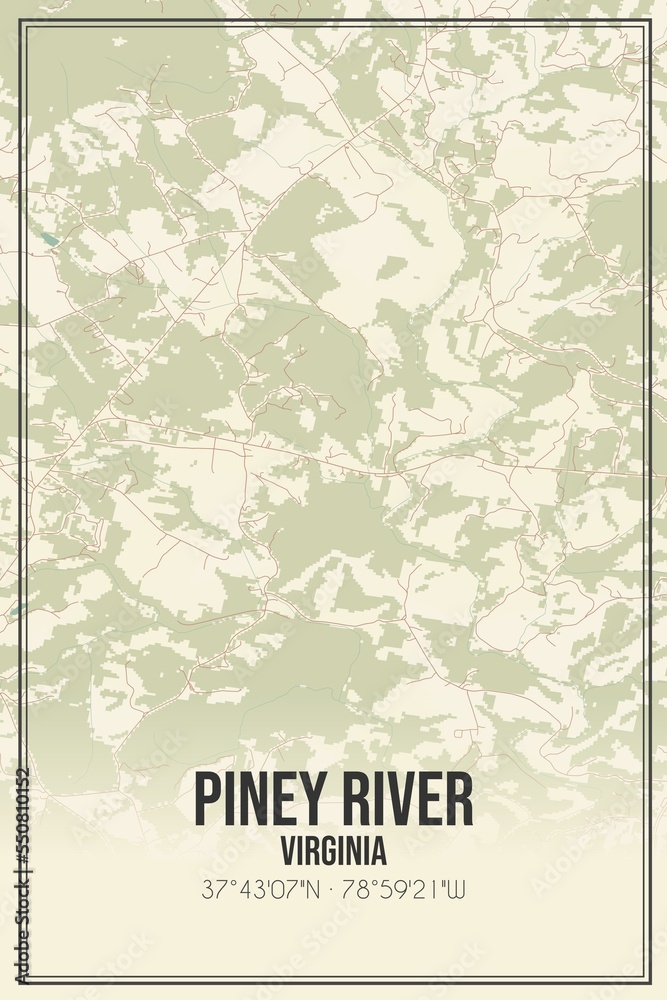 Fototapeta premium Retro US city map of Piney River, Virginia. Vintage street map.