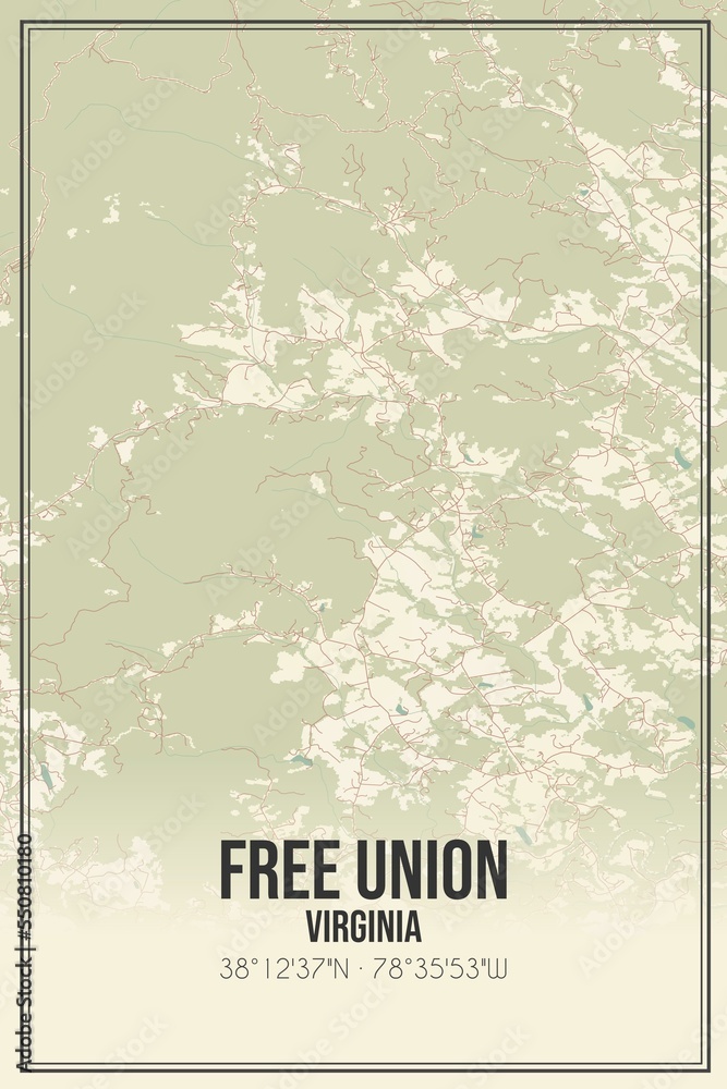 Retro US city map of Free Union, Virginia. Vintage street map.
