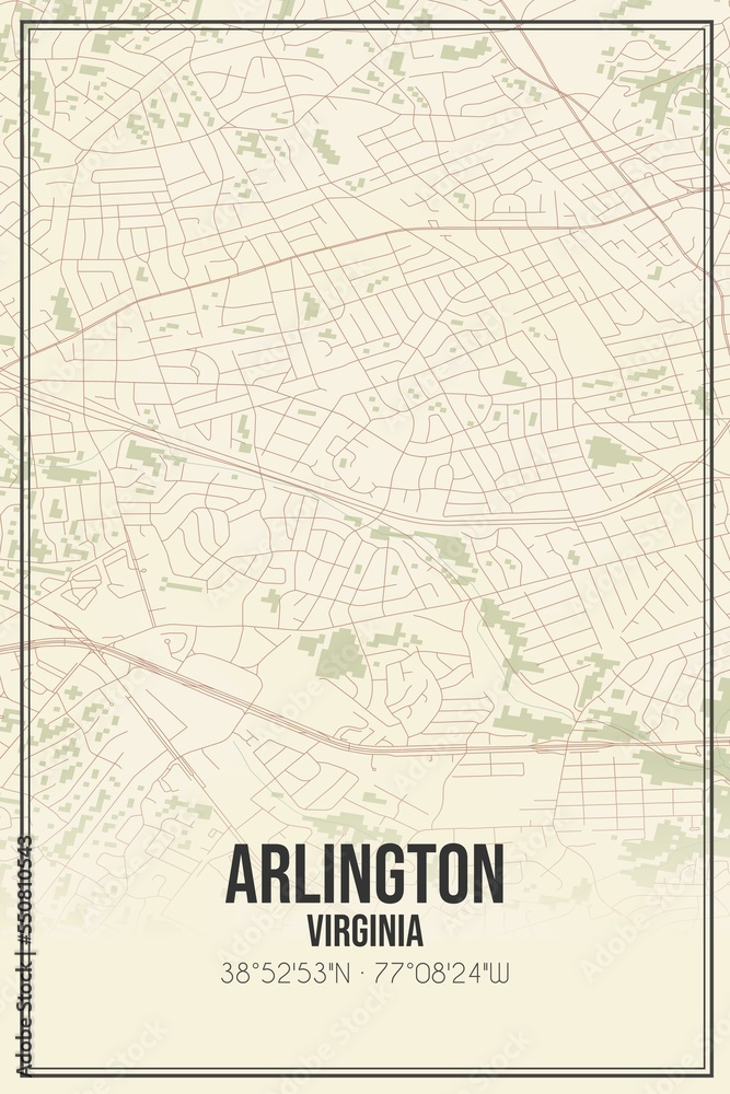 Retro US city map of Arlington, Virginia. Vintage street map.