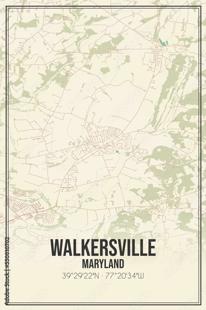Retro US city map of Walkersville, Maryland. Vintage street map.