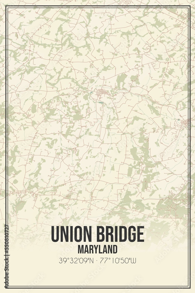 Retro US city map of Union Bridge, Maryland. Vintage street map.