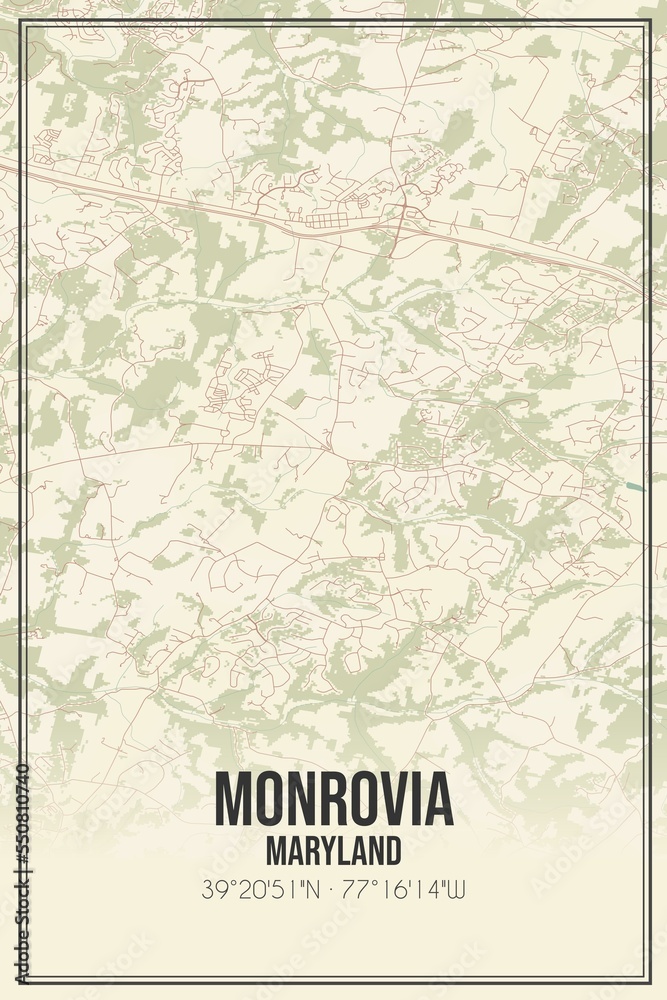 Retro US city map of Monrovia, Maryland. Vintage street map.