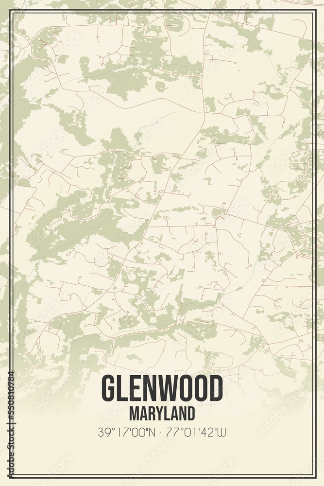 Retro US city map of Glenwood, Maryland. Vintage street map.
