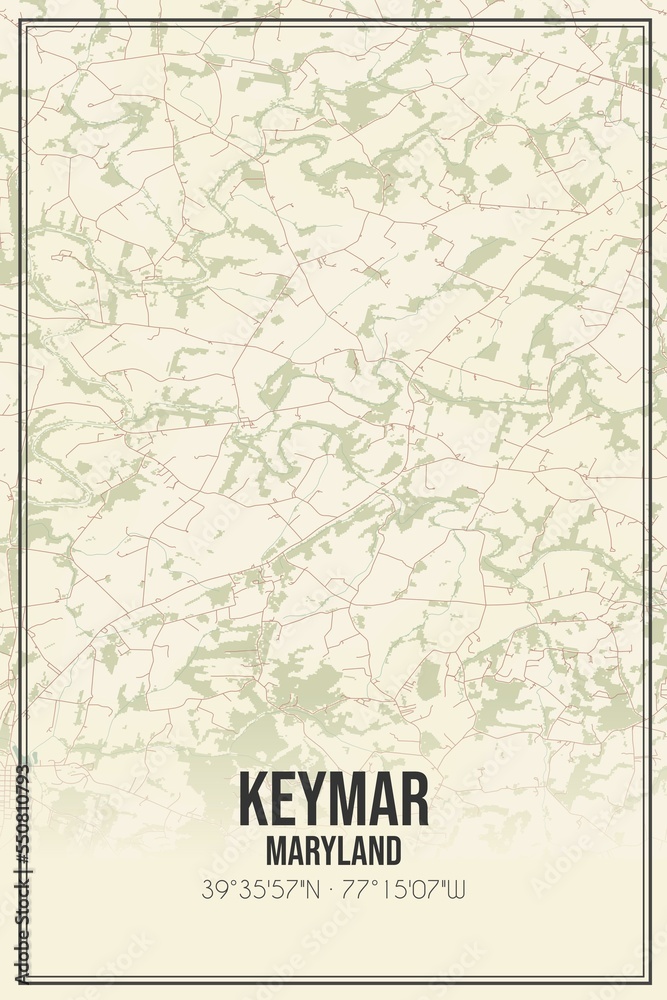 Retro US city map of Keymar, Maryland. Vintage street map.