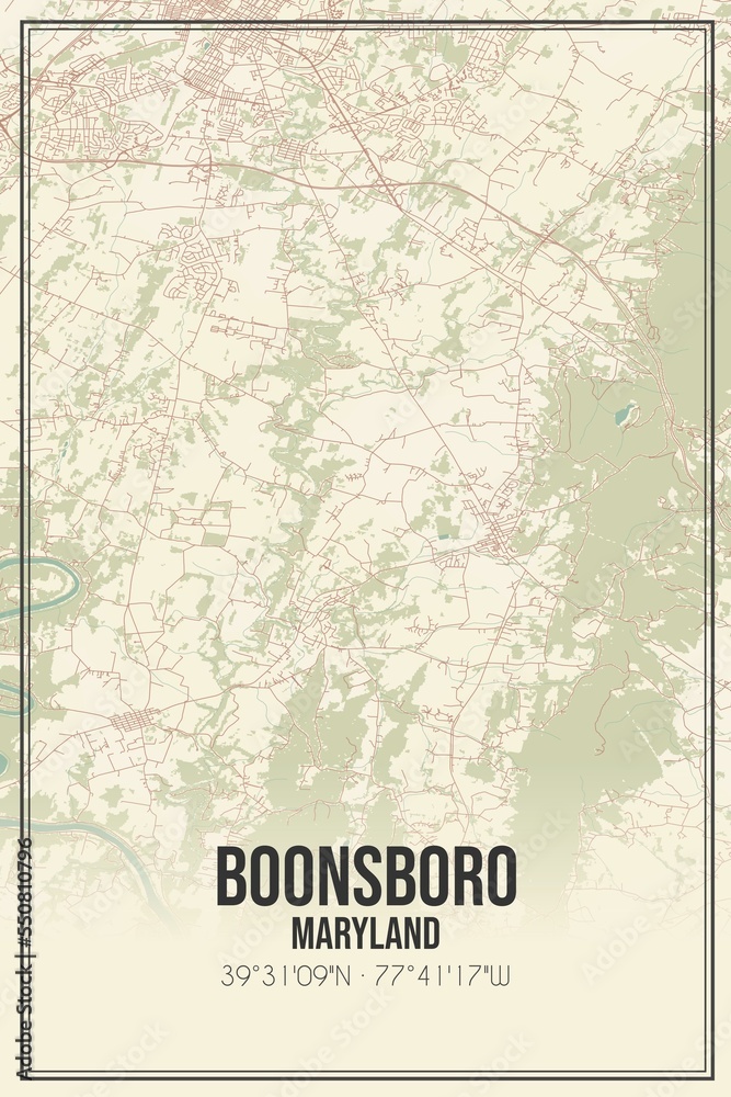 Retro US city map of Boonsboro, Maryland. Vintage street map.