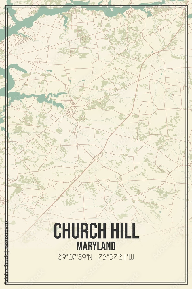 Retro US city map of Church Hill, Maryland. Vintage street map.
