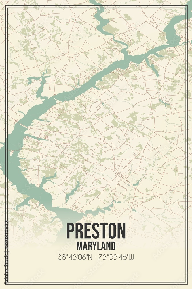 Retro US city map of Preston, Maryland. Vintage street map.