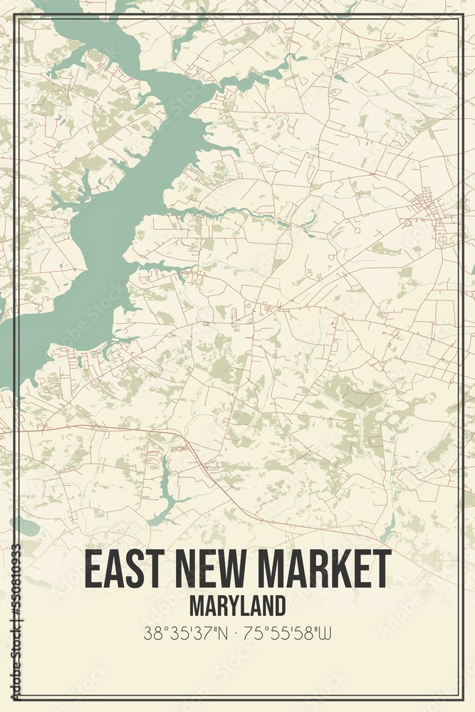 Retro US city map of East New Market, Maryland. Vintage street map.