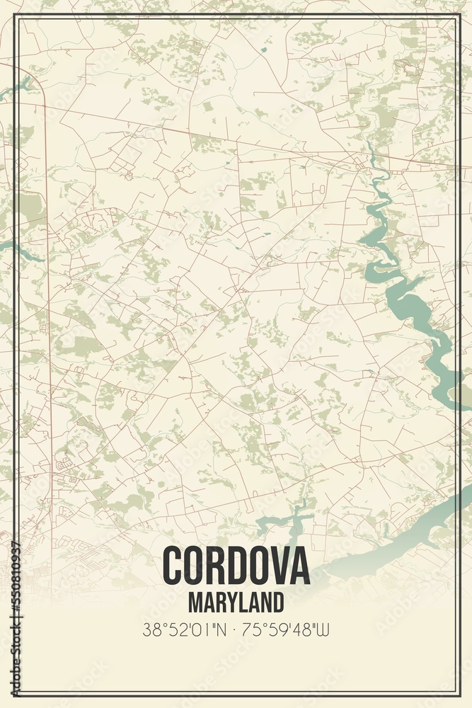 Retro US city map of Cordova, Maryland. Vintage street map.