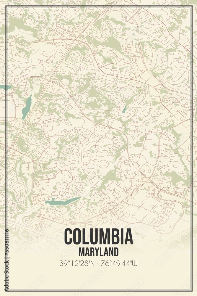 Retro US city map of Columbia, Maryland. Vintage street map.