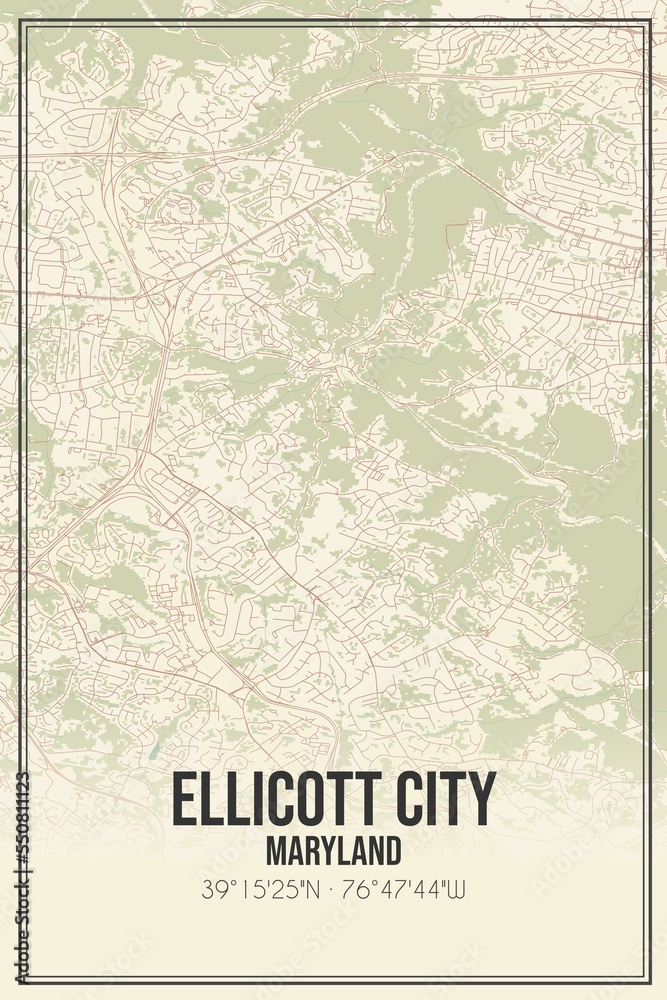 Fototapeta premium Retro US city map of Ellicott City, Maryland. Vintage street map.