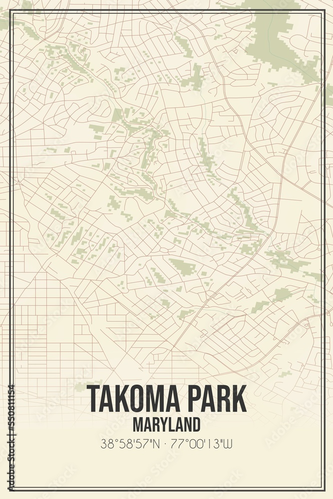 Retro US city map of Takoma Park, Maryland. Vintage street map.