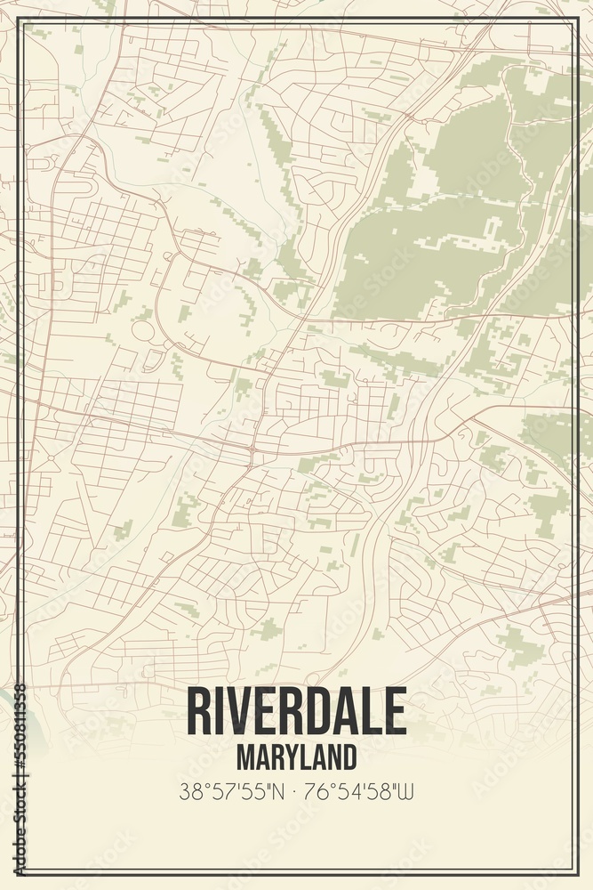 Retro US city map of Riverdale, Maryland. Vintage street map.