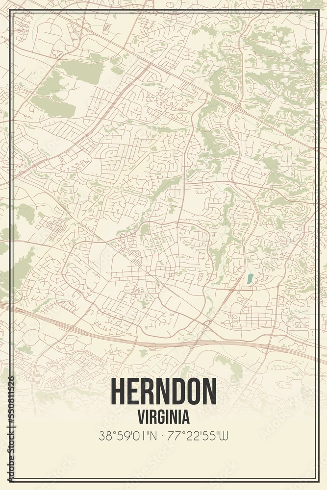 Retro US city map of Herndon, Virginia. Vintage street map.