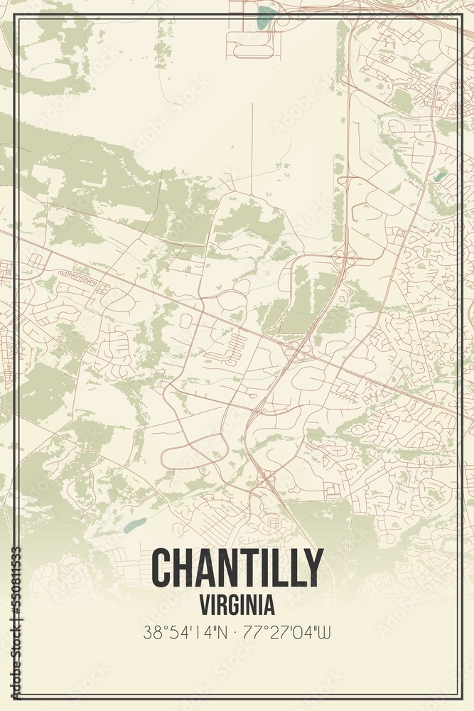Retro US city map of Chantilly, Virginia. Vintage street map.