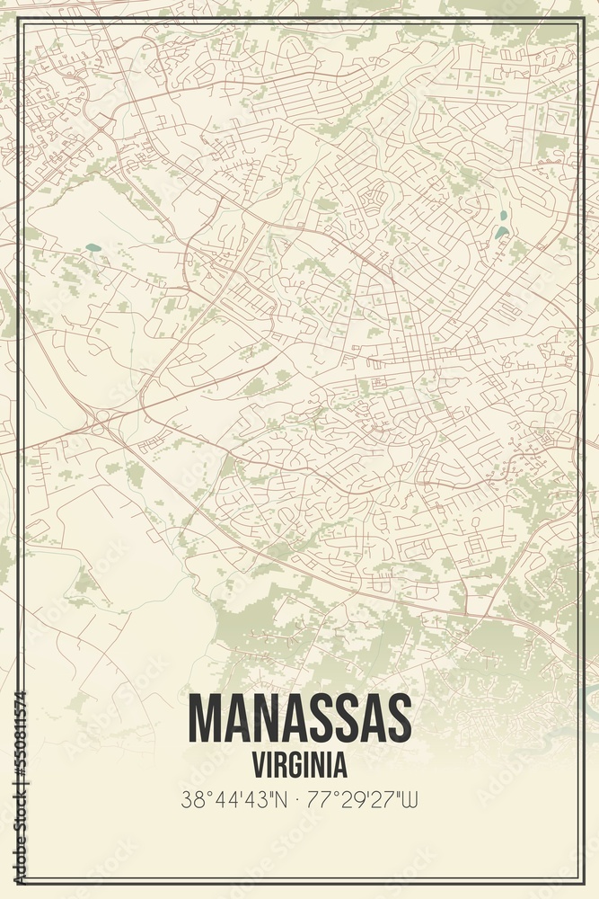 Retro US city map of Manassas, Virginia. Vintage street map.