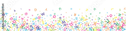 Falling letters of English language. Colorful messy sketch flying words of Latin alphabet. Foreign languages study concept. Exotic back to school banner on white background.