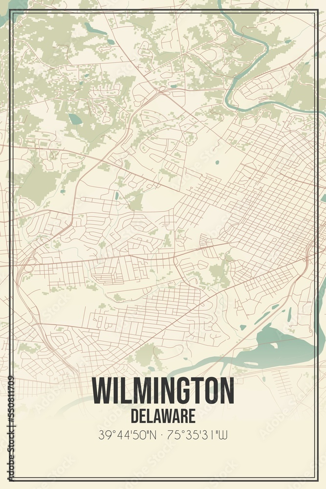 Retro US city map of Wilmington, Delaware. Vintage street map.
