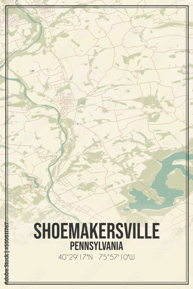 Retro US city map of Shoemakersville, Pennsylvania. Vintage street map.