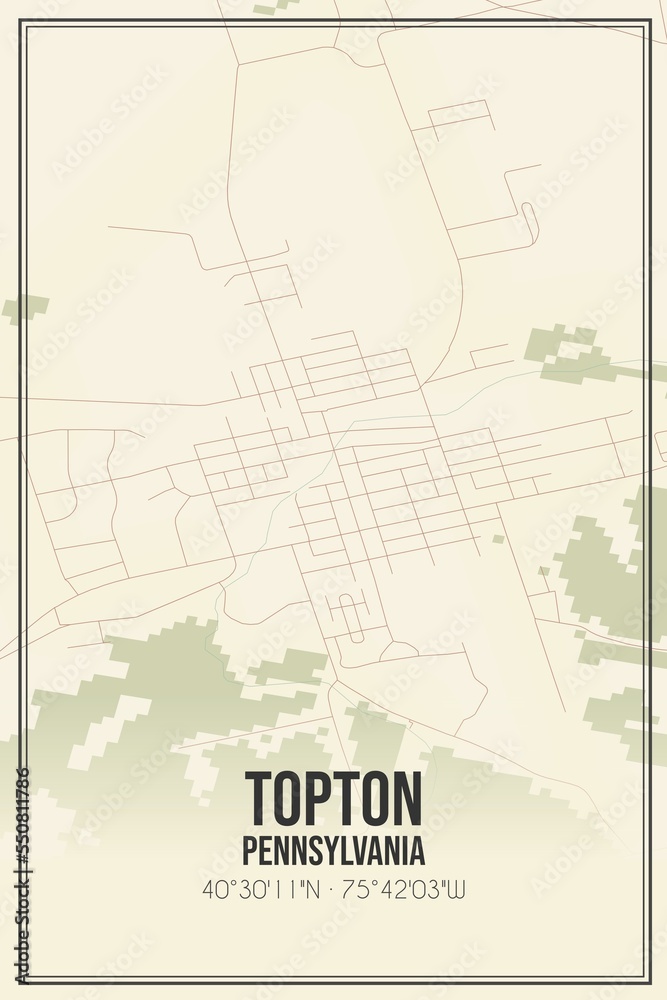Retro US city map of Topton, Pennsylvania. Vintage street map.