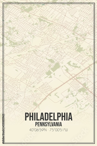 Retro US city map of Philadelphia  Pennsylvania. Vintage street map.