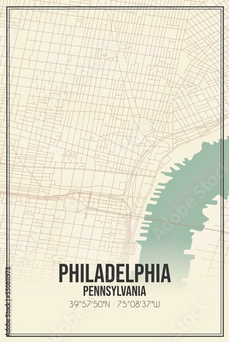 Retro US city map of Philadelphia  Pennsylvania. Vintage street map.