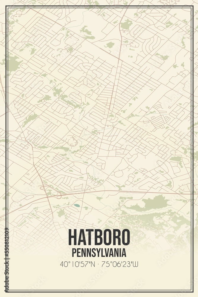 Retro US city map of Hatboro, Pennsylvania. Vintage street map.