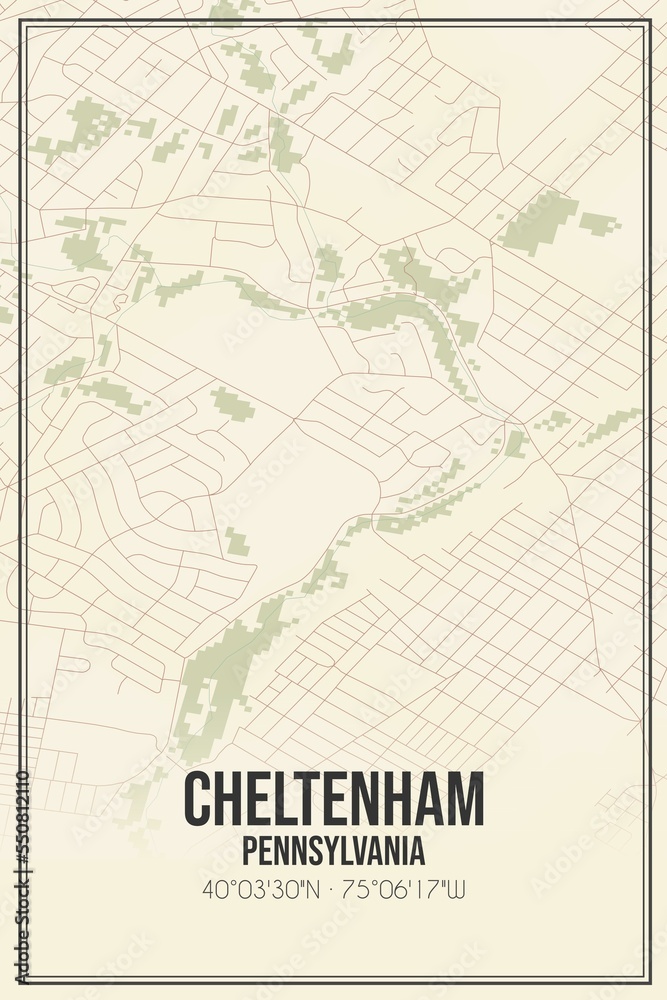 Retro US city map of Cheltenham, Pennsylvania. Vintage street map.