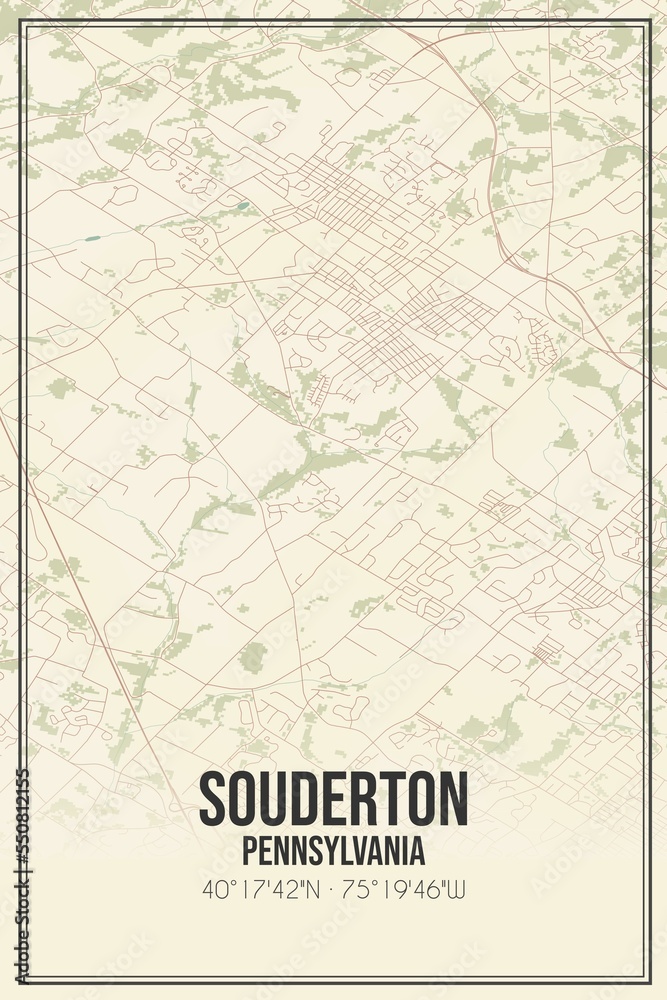 Retro US city map of Souderton, Pennsylvania. Vintage street map.