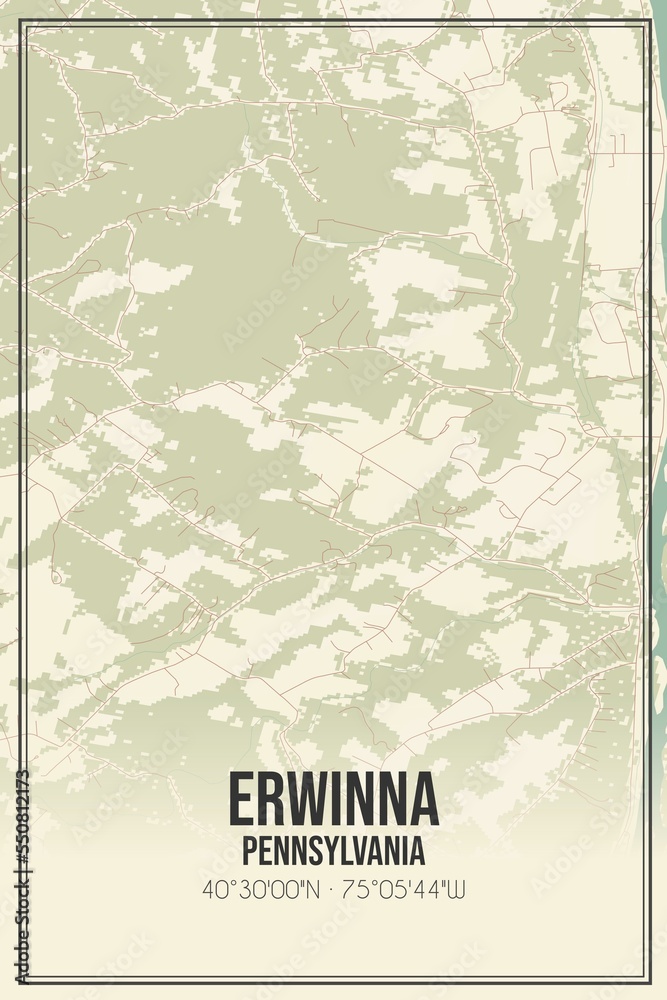 Retro US city map of Erwinna, Pennsylvania. Vintage street map.