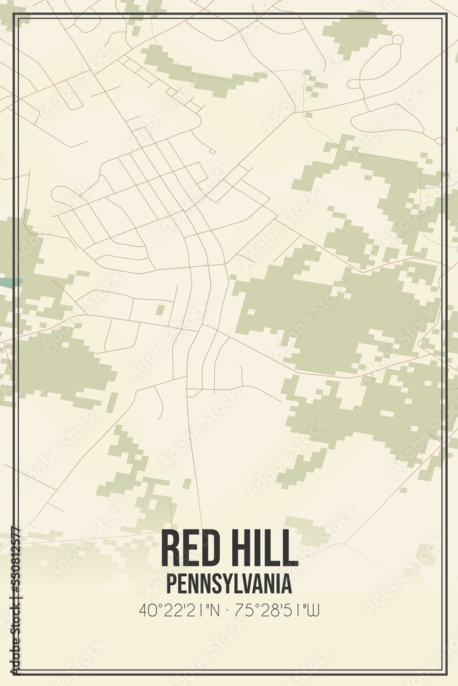 Retro US city map of Red Hill, Pennsylvania. Vintage street map.