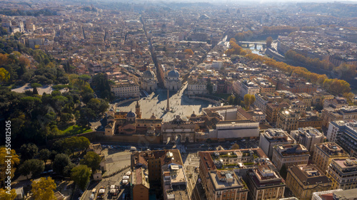 Photography Aerial view of Piazza del Popolo, a large urban square, near the Villa Borghese gardens and the Pincio terrace in Rome, Italy