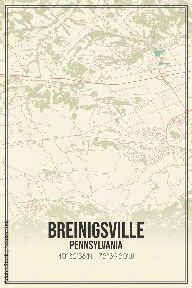 Retro US city map of Breinigsville, Pennsylvania. Vintage street map.