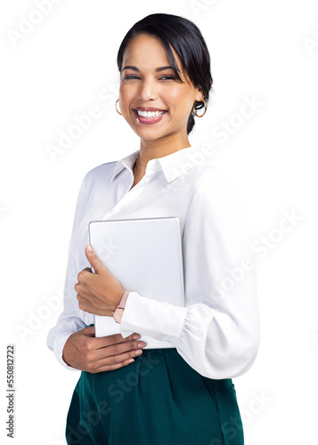 PNG Studio shot of a young businesswoman using a digital tablet against a grey background photo