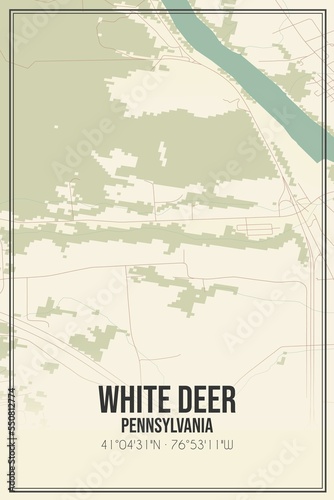 Retro US city map of White Deer  Pennsylvania. Vintage street map.